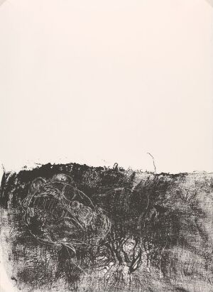  "Ett drömspel. No 28" by Lena Cronqvist, an abstract monochrome lithograph on paper with intense black strokes on the lower section against a white or off-white background, conveying an abstract, dream-like quality.