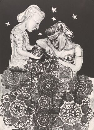  "Ett drömspel. No 5" by Lena Cronqvist is a lithograph on paper showing two girls with star-patterned dresses amidst an intricate floral pattern, with a starry motif above them, in black and white.