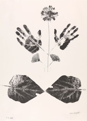  "Ett drömspel" by Lena Cronqvist, a fine art lithograph featuring a central black floral image sandwiched between two sets of black handprints above and two large leaf impressions below, all displayed against a white or cream background, conveying a sense of nature and human presence.