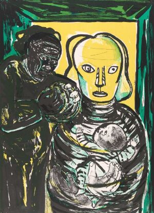 "Ett drömspel" No 27 by Lena Cronqvist, a color lithograph on paper featuring abstract figures with a bold expressionistic style. A figure with a stark pale yellow face cradles two smaller figures in a dark-embraced scene with vivid green background.