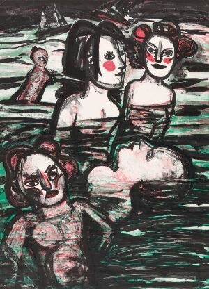  "Ett drömspel" by Lena Cronqvist, a color lithograph on paper depicting three stylized figures with exaggerated, doll-like features in an aquatic setting. The composition is characterized by dark greens and blacks, with stark contrasts of white and bold reds on the figures' cheeks and lips, creating a dramatic and otherworldly atmosphere.