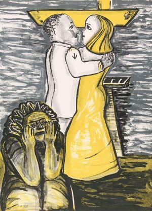  "Ett drömspel" by Lena Cronqvist, a lithograph on paper showing an expressive scene with a kissing couple, the man in a white tank top and the woman in a yellow dress, in front of a large cross, with a sorrowful figure to the left and a dramatic black and grey background.