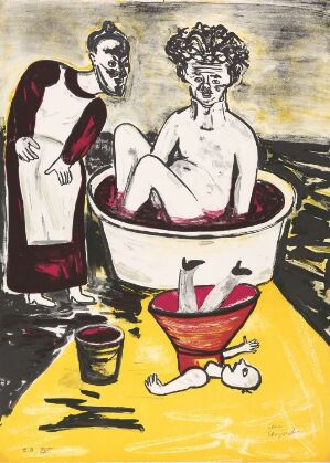  "Ett drömspel" by Lena Cronqvist is a lithographic print depicting a somber scene with two stylized figures. One, in a long white apron, stands next to the other seated nude in a white tub, set against a stark yellow floor with a red bucket tipped over and black pot nearby, all under a dramatic shadow in a dreamlike atmosphere.