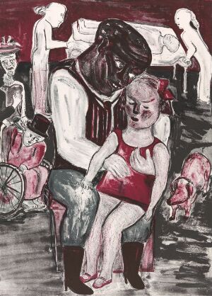  "Ett drömspel" by Lena Cronqvist, a color lithograph that displays a poignant, dreamlike portrayal of a man comforting a young girl in a red dress on his lap, with abstract figures around them in a primarily dark red and black color scheme.
