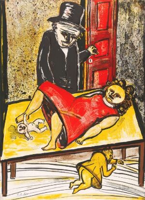  The art "Ett drömspel" No 17 by Lena Cronqvist displays a striking visual scene with a woman in a saturated red dress reclining on a mustard-yellow surface, a pale yellow child figure on the floor, and a mysterious person dressed in black standing beside a vivid red door, all set against a dark mottled background.