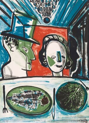  "Ett drömspel" No 15 by Lena Cronqvist, an abstract color lithograph featuring a central framed area with a profiled face with a green hat and a front-facing face with a red background, intersected by a blue stripe across the eyes. Below are two circular shapes with abstract night scenes, all set against a dynamic blue background with radiating lines.
