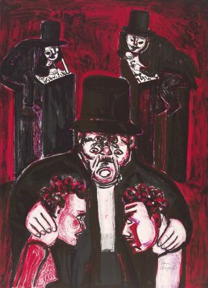  "Ett drömspel" (A Dream Play) by Lena Cronqvist, a fine art color lithography depicting an anguished man in a dark hat with two spectral, pale-faced figures clinging to his shoulders, against a rich red and black expressionist background.