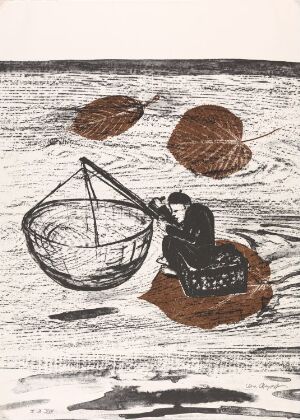  "Ett drömspel" No 9, a lithograph by Lena Cronqvist featuring a monochromatic illustration with a child seated on a patterned blanket interacting with a spherical wireframe object, flanked by two dark balls of yarn, against a textured background.