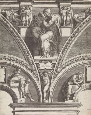  A detailed grayscale engraving by Giorgio Ghisi titled "The Persian Sibyl," depicting a noble, seated woman holding a large book in a grand architectural setting with classical columns, arches, and sculptural reliefs.