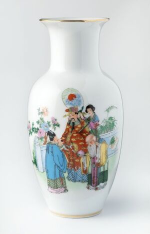  A white porcelain vase with a gloss finish, featuring a hand-painted scene of individuals in traditional East Asian garb, surrounded by delicate floral and decorative motifs in a vibrant array of colors.