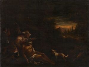  "Den barmhjertige samaritan" by an unknown artist, oil on canvas, showing the Good Samaritan aiding an injured man on the ground, set against a dark background with a distant light suggestive of dawn or twilight.