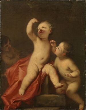  "Children with Birds" by Carlo Cignani, a painting featuring two cherubic children softly embracing, with one child holding up a hand as they look upward and the other gently whispering into their ear while holding a bird. The image has a dark background with a prominent red cloth draped over the lower body of one child, creating a warm focal point amidst the soft flesh tones of their bodies.