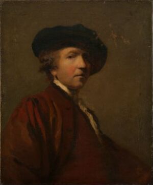  "Self Portrait after Joshua Reynolds" by an unknown artist, showing a contemplative middle-aged man with a fair complexion and brown eyes, wearing a black beret and deep rust-red loose garment, set against a neutral brown background.