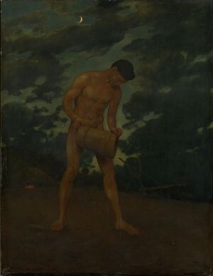  A classical oil painting on paperboard by Hans Thoma depicting the back view of a muscular male figure standing under a night sky with a crescent moon, the figure appears contemplative as he gazes upwards surrounded by dark foliage in muted earthy tones.