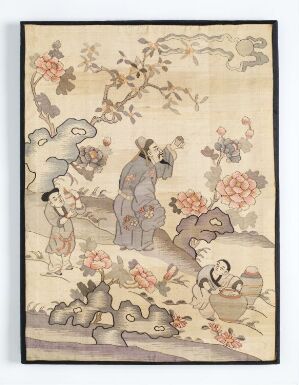  A framed East Asian-style artwork depicting an elderly man with a staff and two children in a garden of blooming flowers and birds, rendered in a muted palette of earth tones and pastel colors.