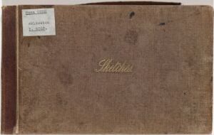  A well-worn sketchbook titled "Skissebok" with a mottled brown cover, a small white label in the upper left, and the embossed title in script font across the lower part of the cover.