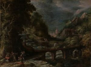  "Mountainous Forest Landscape" by Frederik van Valckenborch, a fine art painting on canvas, depicting a dark, dense forest with a three-arched stone bridge over a stream, small human figures in period attire, and distant blue-gray mountains under a soft, dawn or dusk sky.