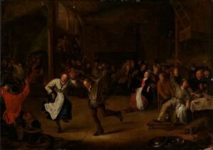  "Dancing in an Inn" by Gerrit Lundens is a 17th-century oil painting on wood panel that captures a festive scene inside a dimly lit tavern where two individuals dance energetically in the center, surrounded by various onlookers dressed in period attire, rendered in a palette of warm, muted colors with occasional vibrant touches.