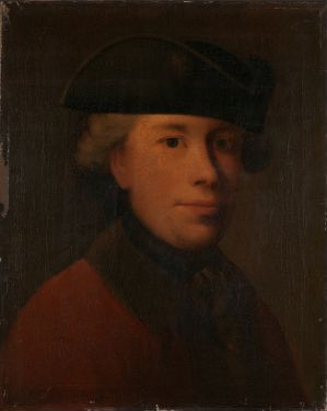  "Mann med tresnutet hatt" by an unknown artist is an oil painting on canvas featuring a fair-skinned man wearing a tricorne hat and a red coat, with a contemplative expression on his face and a softly lit three-quarter view. The background is a simple, dark, muted brown, emphasizing the subject.