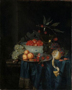  "Fruits and Berries" by Nicolaes van Gelder is a classic still life oil on canvas painting, featuring a bountiful array of fruits including ripe strawberries, pears, grapes, figs, and citrus, arranged on a draped blue cloth against a dark background, showcasing rich colors and intricate textures.