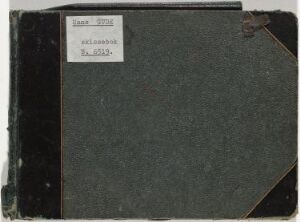  A dark green, well-worn artist's sketchbook titled "Skissebok nr. 3" by Hans Gude, with visible signs of use and a white label on the top right corner.