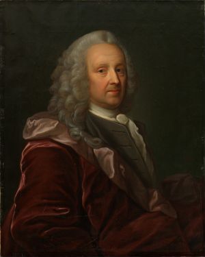 Alt-Text: Oil on canvas portrait of Ludvig Holberg, painted by Jørgen Pedersen Roed, showing a dignified, middle-aged man in a burgundy coat and white cravat, with grey wavy hair, facing slightly to his left with a confident gaze.