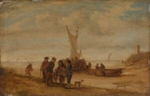  "Flemish Coast" by David Teniers (II) - A Baroque oil painting on wood depicting an overcast day at the beach with figures gathered on the sandy shore, boats at rest, and a windmill in the far distance, rendered in a palette of soft blues, grays, and earthy tones.