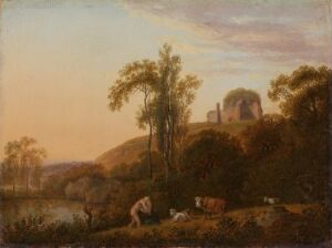  "Italian Landscape with Ruins and Bathing Woman" by Johann Christian Klengel, an oil painting depicting a tranquil pastoral scene with a woman bathing by a reflective water body, cows grazing, and ancient ruins atop a hill under a gradient sky.