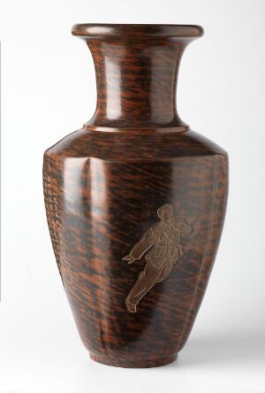  A classical-shaped vase with a glossy mahogany-colored glaze featuring a faint silhouette of a classical figure on its surface, against a clean white background.