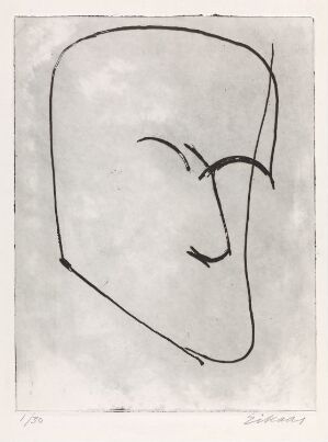  "Selvportrett" by Ludvig Eikaas, a minimalistic black etching on gray paper depicting an abstract and stylized profile of a face with a few simple lines.