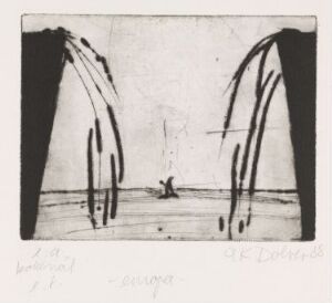  "Europa" by A K Dolven, a minimalist black and white drypoint etching on paper depicting an isolated figure at the base of two large arching structures, rendered in simple, expressive lines, against a plain background, evoking a sense of solitude.