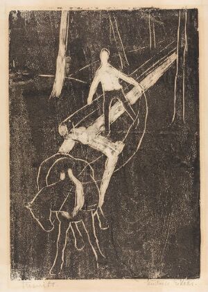  The artwork "Tømmerkjører" by Ludvig Eikaas is a woodcut print showing two white figures interacting with dark logs on a textured sepia background, evoking a sense of manual labor and the timeless relationship between humans and nature.