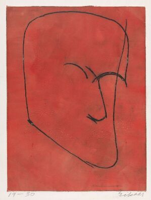  "Selvportrett" by Ludvig Eikaas, a simple and abstract fine art print featuring a single black line forming a stylized human face against a textured red background, representing a self-portrait through minimalistic line etching and aquatint on paper.