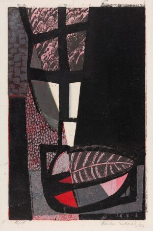  "Oppstilling ved vinduet" by Ludvig Eikaas is an abstract color woodcut on paper featuring a vertical black rectangle suggesting a window frame, patterned textures in dark shades at the top, segmented triangles in pink and red, and a large curved form with leaf-like patterns in the lower section. The artwork employs a dark color palette with strategic use of pinks and reds to create depth and interest.