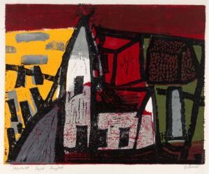  Abstract color woodcut by Ludvig Eikaas titled "Kirken" featuring an abstract representation of a church in dominant black, white, and red tones on a yellow background, with green and red abstract forms, suggesting an evocative scene on paper.