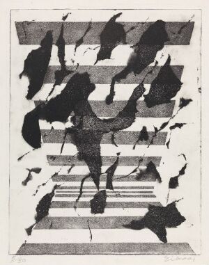 
 "Broen" by Ludvig Eikaas, an abstract aquatint print on paper featuring monochromatic shades of black and grey. Staggered, geometric bridge-like shapes juxtaposed with irregular, blotchy forms create a dynamic interplay of positive and negative space, conveying rhythm and motion within a primarily black and white composition.