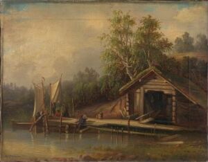  "Landskap" by Alfred Wiström, an oil on canvas depicting a serene rustic scene with a wooden cabin by a lake, a birch tree, a dock with a rowboat, and a sail unfurled on a tiny sailboat, all rendered in muted browns, greens, and greys.