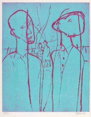  "Samtale på en bro" by Ludvig Eikaas, a fine art etching featuring abstract human figures in vibrant pink lines against a turquoise blue background, conveying a sense of conversation and movement.