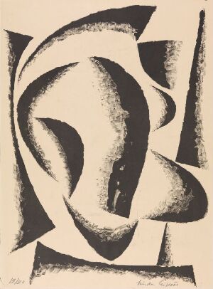  "(Uten tittel)" - an abstract monochromatic lithograph on paper by Ludvig Eikaas, featuring dynamic black curvilinear and geometric shapes on a cream-colored background, evoking different interpretations through its abstract form.