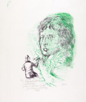  A fine art lithograph by Ludvig Eikaas, titled "J.C. Dahl," featuring a vibrant green sketch-like portrait of a person gazing to the left with a small black figure in period clothing at the bottom left on a white paper background.