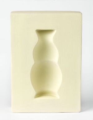  "Optica," a ceramic artwork by Elisabeth von Krogh, featuring a subtle, pale yellow three-dimensional vase illusion on a flat rectangular panel, embodying a minimalist and optical design.