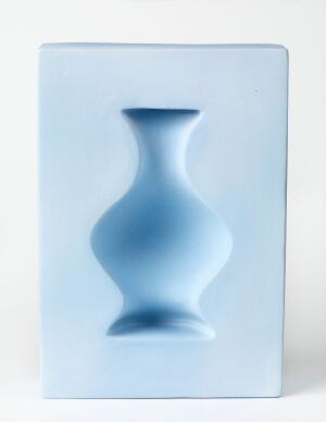  A decorative rectangular cerulean blue plaque titled "Optica" by Elisabeth von Krogh, featuring a centered, elevated vase-like form with a visual illusion of depth and volume against a flat background.