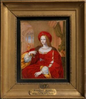  An oil painting on ivory from the Renaissance period by Rafael, featuring a woman in a red dress with a yellow shawl, a red head covering, seated in an interior space with a column in the background. The painting is set in a dark brown and gold frame with a label at the bottom.
