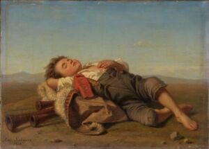  "Sovende gjetergutt" by Amalie Lindegren, a painting depicting a young shepherd boy asleep on the ground with a serene blue sky and gentle hills in the background. He lies diagonally across the canvas, wearing simple rustic clothing with a red neckerchief, grey breeches, and brown shoes. A wooden staff, overturned basket with a flute, and a white cloth lay beside him.