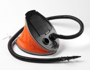  A handheld vacuum cleaner with a vibrant orange body and a black hose and nozzle attachment, presented against a white background.