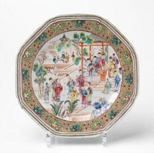  An octagonal plate depicting a detailed and colorful scene from a possible historical Chinese gathering, with figures in traditional attire engaged in activities under a pavilion, surrounded by florals and butterflies on the rim.