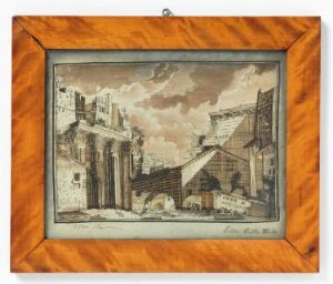  An artwork depicting classical ruins in shades of brown and beige set against a sky with cream, light blue, and gray clouds. The artwork is surrounded by a bright orange marbled matte and housed in a dark picture frame with a hanging mechanism at the top.