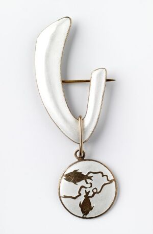  An earring with a glossy white crescent-shaped upper part and a smaller white circular pendant hanging below, featuring a brown outlined illustration of a branching tree.