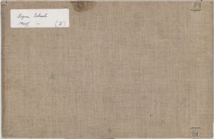 
 A plain beige artist's sketchbook cover with a small white label in the top left corner, featuring barely legible handwritten text, embodying simplicity and utility. Artist name unknown, titled "Skissebok".