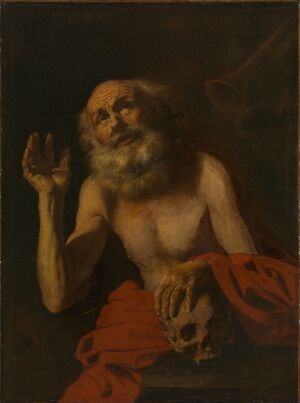  "The Vision of St. Jerome" by Jusepe de Ribera, a Baroque painting depicting an elderly St. Jerome gazing upward with an expression of religious fervor. He is shirtless with a red cloak around his waist, white hair and beard, captured in a dark setting with dramatic lighting.